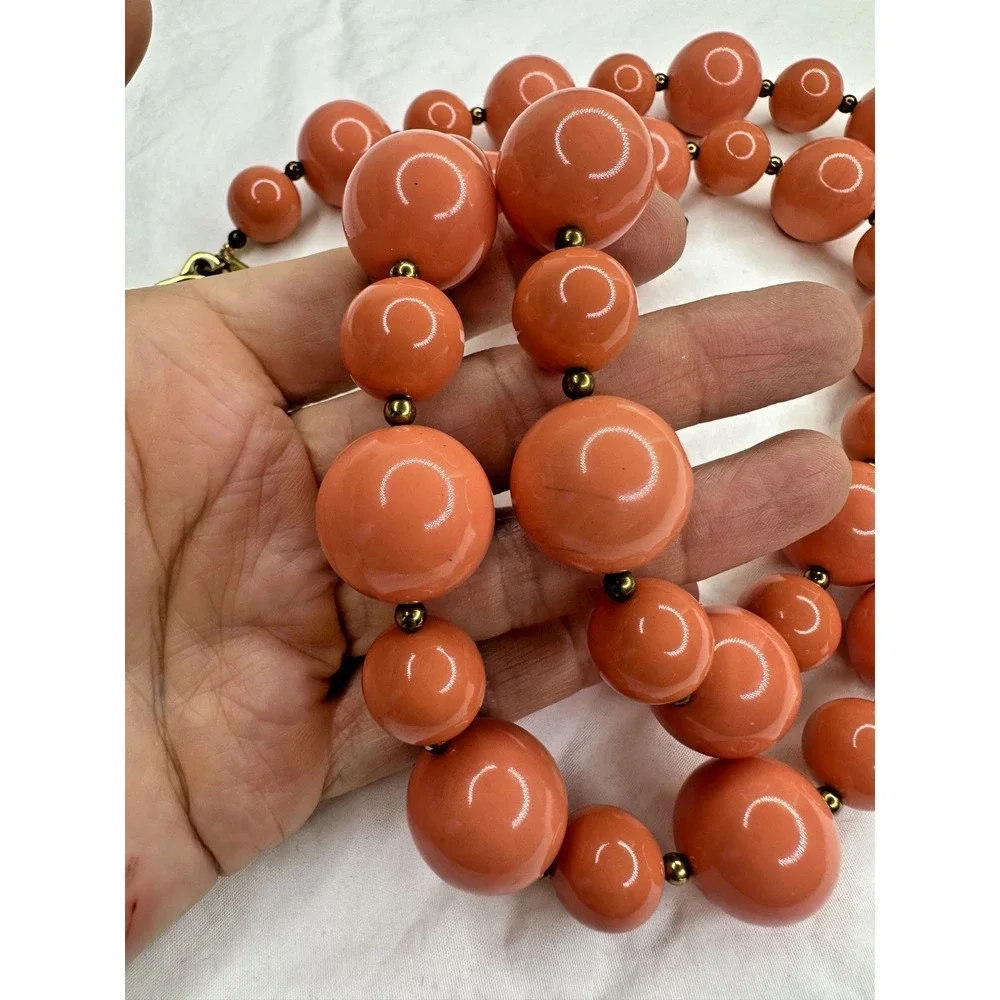Kenneth J Lane necklace Beaded Orange Chunky Round Gold Tone Long 28" VTG - Picture 4 of 9